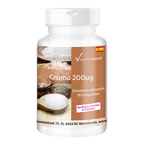 Cromo 200mcg – 180 comprimidos para ¡¡6 MESES!! – Picolinato de cromo – Sin estearato de magnesio – Mejora la síntesis de proteínas | Vitamintrend®