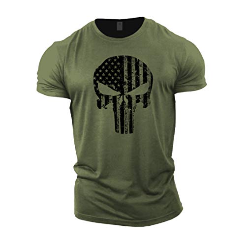 GYMTIER Camiseta de culturismo para hombre, diseño de calavera, bandera de Estados Unidos, camiseta de entrenamiento de