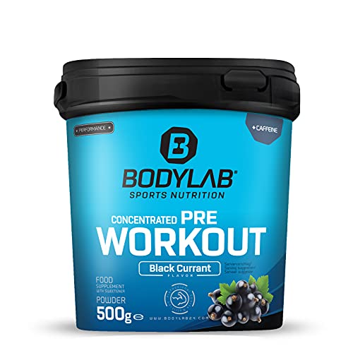 Bodylab24 Concentrated Pre-Workout Booster Grosella Negra 500g, potenciador de energía con creatina, beta-alanina, arginina, niacina y cafeína, para más potencia y energía durante los entrenamientos