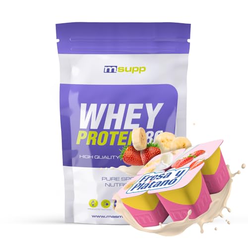 MM Supplements - Proteína Whey 80 - Bote de 1 Kg - Proteína Suero de Leche - Batido para Ganar Masa Muscular - Ayuda en la Recuperación Muscular - Sabor Fresa y Plátano