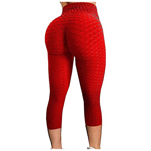 SHOBDW Leggings Push Up Mujer Mallas Pantalones Deportivos Alta Cintura Elásticos Yoga Fitness Pantalones cuadrícula Respirable Casuales De Cintura Alta Pantalón Medio(Rojo,L)