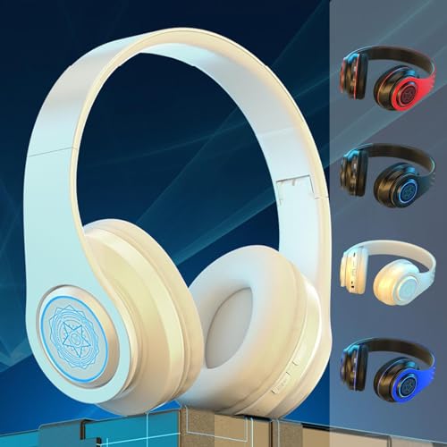 KJIUQ Auriculares inalámbricos Bluetooth sobre la oreja con luz RGB y micrófono 8 horas estéreo plegables, auriculares inalámbricos y con cable con orejeras de proteína de memoria suave para teléfono