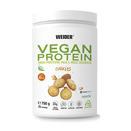 Weider Vegan Protein (750g) Sabor Cookies. Proteína Vegana 23g/dosis. Con Vitamina B12 y Stevia. Sin Gluten, Sin Azúcar. Bote 50% Reciclado, 100% Reciclable