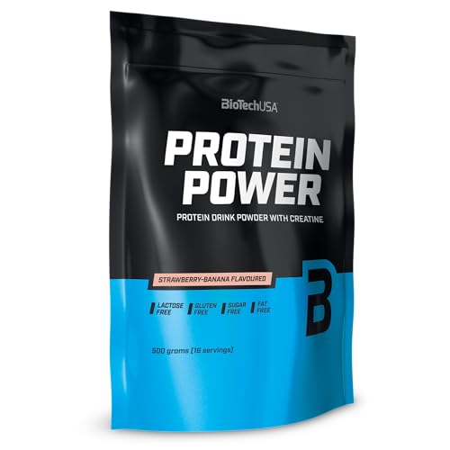 BioTechUSA Protein Power - Alto Contenido en Proteínas, Sin Azúcar, Sin Lactosa, Sin Gluten | Con Creatina Añadida, 500 g, Fresa-Plátano