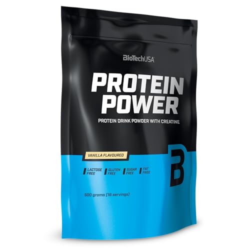 BioTechUSA Protein Power - Alto Contenido en Proteínas, Sin Azúcar, Sin Lactosa, Sin Gluten | Con Creatina Añadida, 500 g, Vainilla