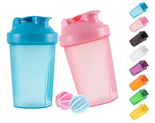 GAISHION Shaker Bottle - Batidos de proteínas y botella agitadora de 400 ml con bolas batidoras, libre de plástico BPA (azul + rosa (2 unidades)