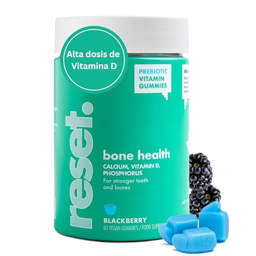 Vitamina D, Calcio, y Fósforo Vegano - Vitaminas Para Huesos, Dientes - Mantenimiento de huesos, dientes y músculos - Prebiótico - 60 Gominolas Huesos - 1 mes - Sabor Mora - Bone Health de Reset.®