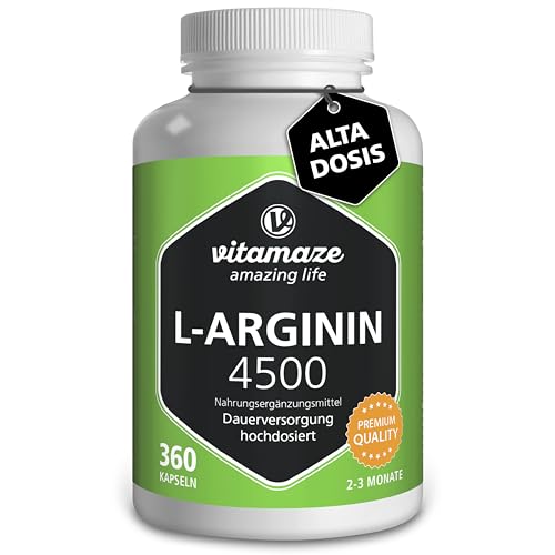 Vitamaze® L-Arginina 4500 mg Altamente Concentrada, 360 Cápsulas, Adecuado para las Personas Alérgicas, Pura Natural L-Arginine HCL sin Aditivos Innecesarios, Calidad Alemana