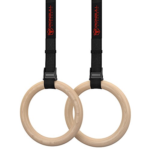 De madera anillos de gimnasia con correas ajustables para gimnasio, CrossFit, entrenamiento de fuerza, Pull Ups y dips (madera – 32 mm)