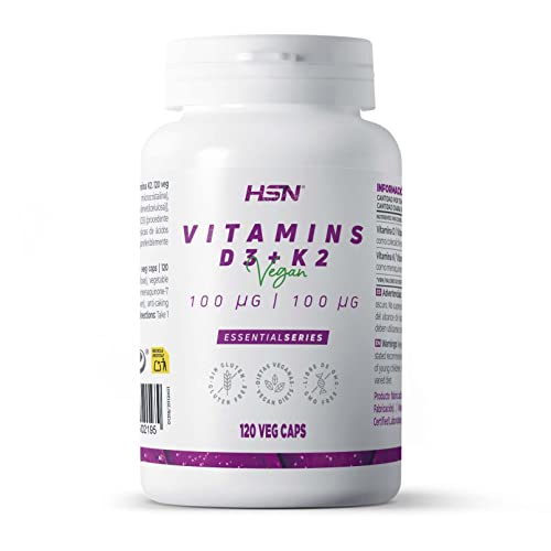 HSN Vitamina D3 + K2 120 cápsulas Vegetales con 4000 UI Colecalciferol + 100mcg Menaquinona-7 | No-GMO, Vegano, Sin Gluten