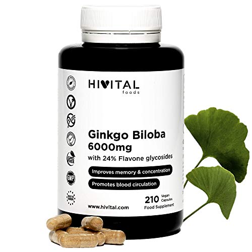 Ginkgo Biloba 6000 mg | 210 cápsulas veganas | con 24% Flavonoides y 6% Terpenos | mejora la memoria, la concentración y la circulación sanguínea