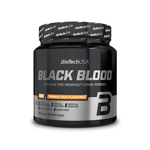 BioTechUSA Black Blood NOX+ | Fórmula pre-entrenamiento | con cafeína, creatina, tirosina | sin azúcar | 340 g | Fruta tropical