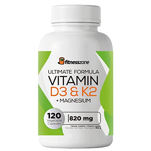 Fitness Zone - Vitamina D3 y K2-120 Cápsulas - Bote para 4 Meses - con Magnesio - Favorece la Absorción de Calcio - Mejora la Salud Cardiovascular - Fortalece el Sistema Inmune
