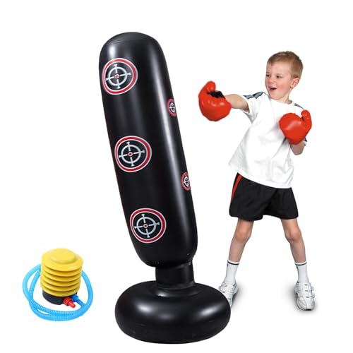 CHETOGIN Saco de boxeo hinchable de pie para niños, 160 cm, hinchable, de pie, con bomba de pie, para artes marciales mixtas, kickboxing, alivio de presión y entrenamiento en casa, color negro