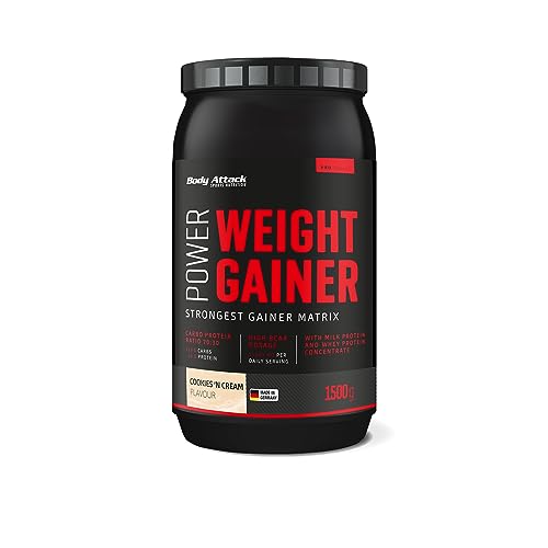 Body Attack Power Weight Gainer (aumento de peso), galletas y crema, 1,5 kg, 100% desarollo masa, carbohidrato- proteína en polvo para el aumento muscular con proteína de suero, ideal para Hardgainer