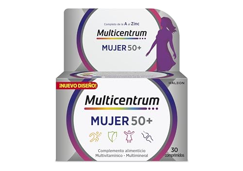 Multicentrum Mujer 50+ Complemento Alimenticio Multivitamínico y Multimineral Para Mujeres 50+, Con Magnesio, Vitamina C y Zinc, Postmenopausia, Sin Gluten, 30 Comprimidos