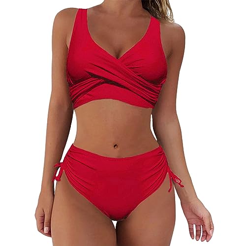 2023 Mujer Split Wrap Encaje Up Bikini Color sólido Sexy Cintura Alta Bikini T Camiseta S, rojo, M