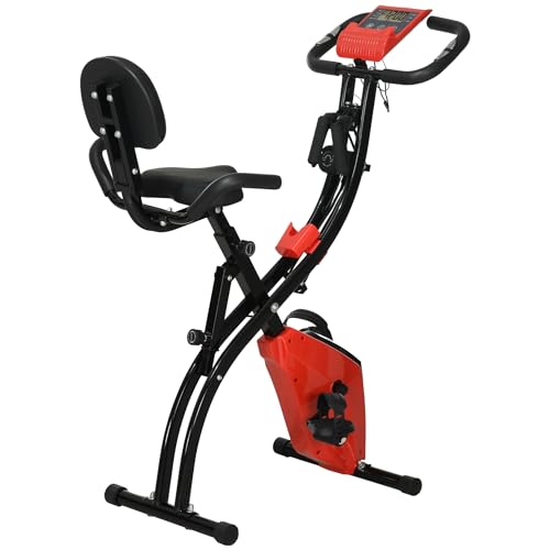 HOMCOM Bicicleta Estática Plegable Resistencia Magnética Ajustable Regulable en Altura Bicicleta de Ejercicio Fitness Pantalla LCD con Pulsómetro Bandas de Resistencia y Respaldo 97x51x115 cm Rojo