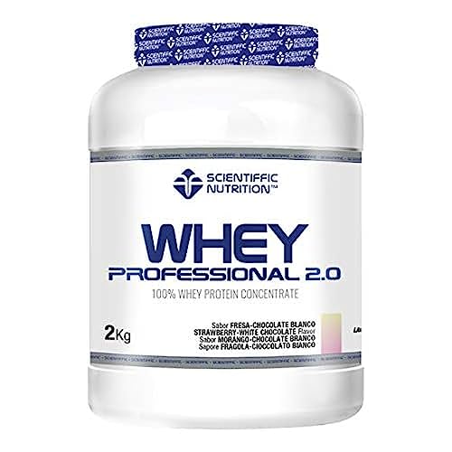 Scientiffic Nutrition - Whey Professional 2.0 Proteinas Whey en Polvo 100% Pura, para Aumentar la Masa Muscular, con Enzimas Digestivas y Lactasa - 2kg, Sabor Chocolate Blanco - Fresa.