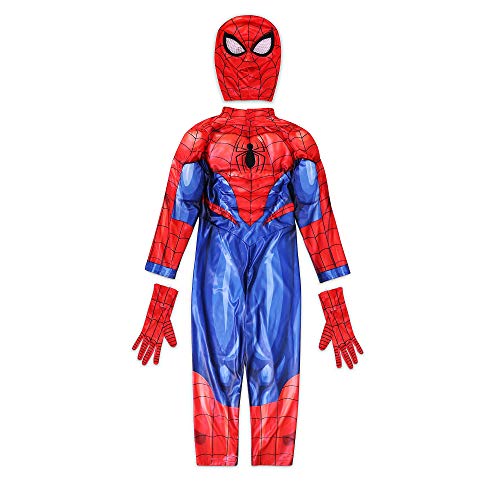 Disney Store Disfraz infantil de Spider-Man, Marvel, conjunto de dos piezas que contiene un mono con músculos acolchados y una máscara con capucha que cubre toda la cabeza