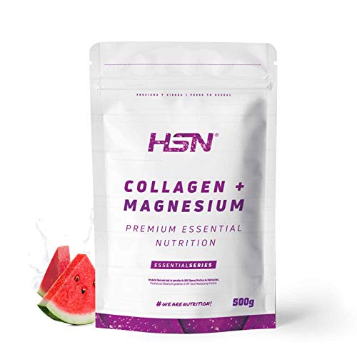 HSN Colágeno Hidrolizado con Magnesio Sabor Sandía 500 g = 50 Tomas por Envase | Colágeno en Polvo Origen Bovino | con Vitamina C | No-GMO, Sin Pescado, Sin Gluten