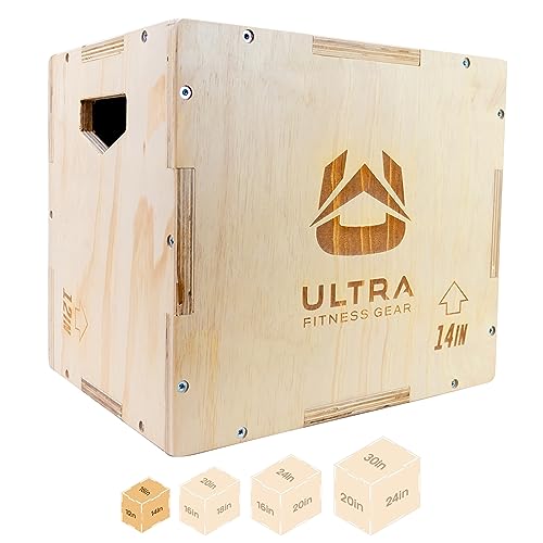 Ultra Fitness Gear 3 en 1 caja de madera para salto, crossfit, entrenamiento de artes marciales mixtas (MMA) Plyometrics. Tamaños: 30/24/20, 24/20/16, 20/18/16, o 16/14/12, Wood - Small 16/14/12