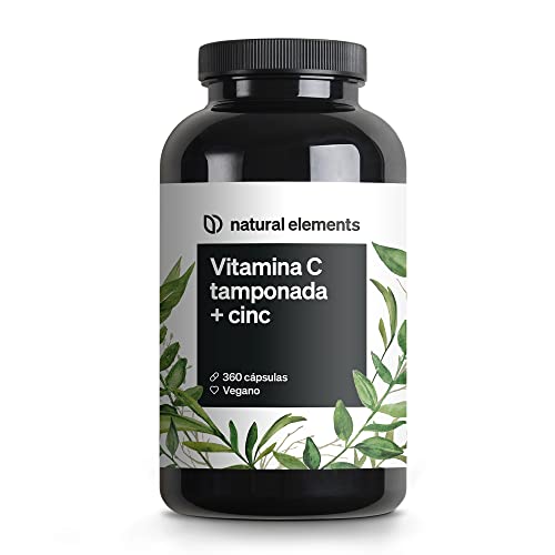 Vitamina C - 360 cápsulas - Dosis alta de 1000 mg + 15 mg de zinc - Producto vegetal fermentado y tamponado (pH neutro, sin ácido, suave para el estómago) - Probado en laboratorio, vegano
