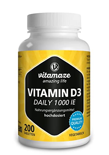 Vitamaze® Vitamina D3 1000 UI Alta Dosis, 200 Tabletas (Suministro para 6+ Meses) Vitamin D para Mujer y Hombre, Suplemento Vitamina D sin Aditivos Innecesarios. Calidad Alemana.