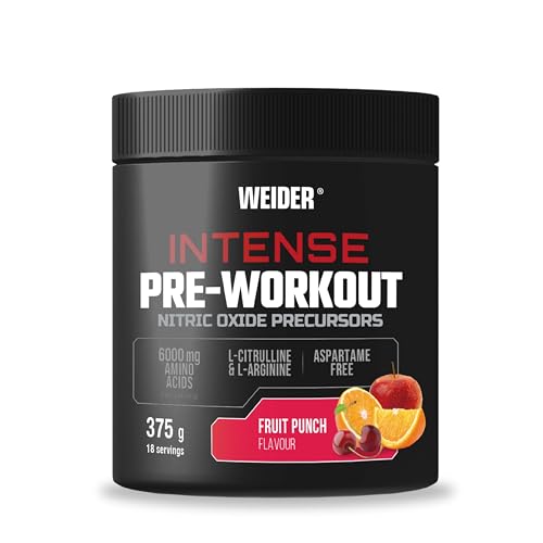 Weider Intense Pre-workout (375g) Sabor Fruit Punch. Precursor de Óxido Nítrico, con 200 mg de Cafeína y 6000 mg de Aminoácidos/porción, L-Citrulina, L-Arginina, Sin Aspartamo (18 porciones)