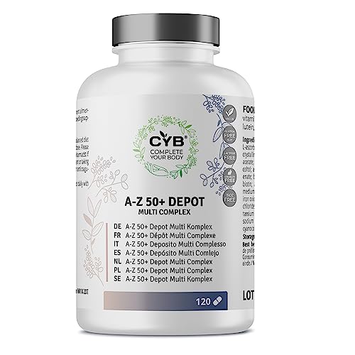CYB | A-Z 50+ Multivitaminas y Minerales - Nutrientes Esenciales para la Tercera Edad - 120 Comprimidos Suministro para 4 Meses - Luteína - Coenzima Q10-22 Vitaminas - Producto Vegetariano