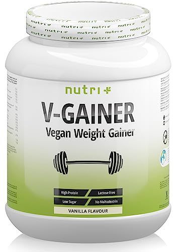 nutri+ WEIGHT & MASS GAINER Vainilla 2 kg Vegano - Bebida rica en calorías para ganar peso y masa muscular - ganador de musculo sin maltodextrina - Proteína e Hidratos de Carbono - 2000 g