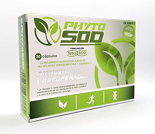PhytoSOD Complemento Alimenticio Vegano Para Adultos con Microalgas TetraSelmis Chuii, Antioxidante y Antinflamatorio Natural SOD Recuperador del Estrés Oxidativo | 30 Capsulas Antienvejecimiento.