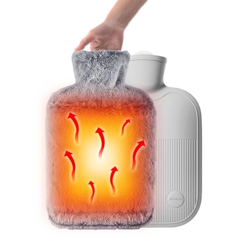 Zamety Bolsa de agua caliente con funda de 2 l, bolsa de agua caliente grande con funda de felpa, terapéutica caliente y fría para aliviar el dolor, segura y duradera, para niños y adultos (gris)