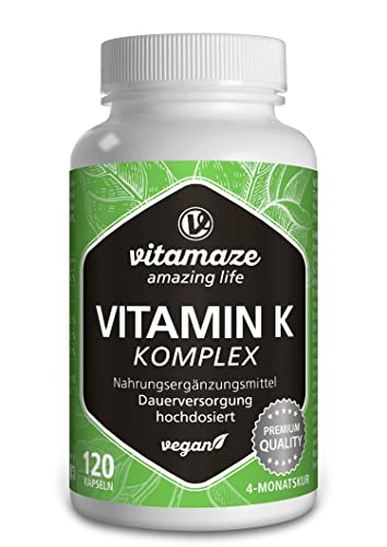 Vitamina K Complex 2200 mcg con Vitamina K2 MK7 + Vitamina K1 MK4 de Alta Dosis y Vegana, 120 Cápsulas, Mejor Biodisponibilidad, sin Aditivos, Calidad Alemana. Vitamaze®