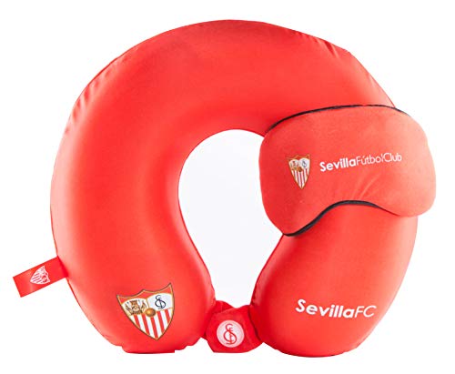 Sevilla Fútbol Club - Pack Cojín y Antifaz de Viaje - Máximo Confort - Materiales Resistentes - Ideal para Viajes Largos - con el Escudo del Club - Producto Oficial del Equipo