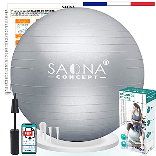Saona Concept - Balón de Fitness (55, 65 o 75 cm, con Bomba, Pelota de Gimnasio, Pilates, Embarazo, Yoga, Fisioterapia, Gimnasio o Bola Suiza Ideal para Asiento de Oficina, hasta 300 kg (55 cm)