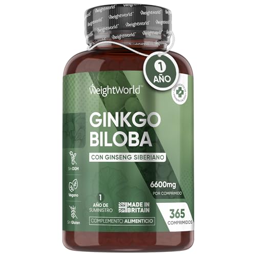 Ginkgo Biloba 6600 mg - 365 Comprimidos Veganos - 24% Flavonoides y 6% Terpenos - 1 Año de Suministro, 600mg de Ginseng Siberiano, Alta Absorción - Alta Concentración 50:1, Sin OGM ni Gluten