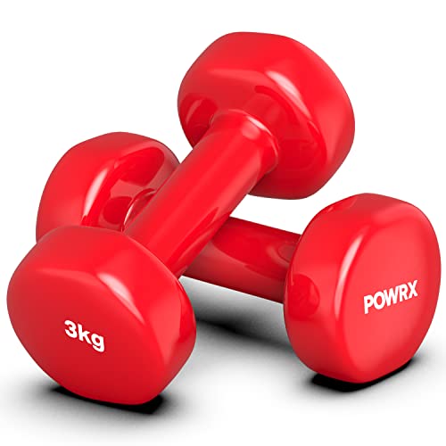POWRX Mancuernas vinilo 6 kg set (2 x 3 kg) + PDF Workout (Rojo)