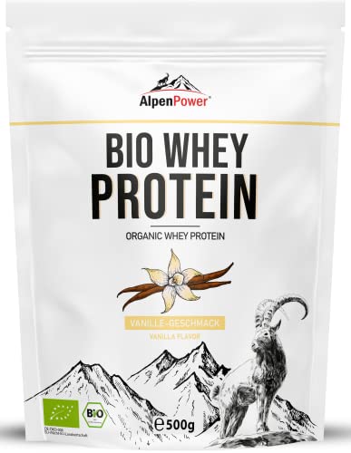 AlpenPower Proteína Whey Orgánico sabor Vainilla 500 g - Ingredientes 100% naturales y sin aditivos - Proteína CFM en polvo procedente de la mejor leche alpina ecológica