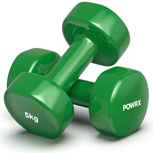 POWRX Mancuernas vinilo 0,5-10 kg - Ideal para entrenamiento en casa y gimnasio - Peso y color a elegir + PDF Workout, gimnasio en casa