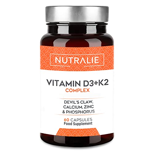 Vitamina D3 y K2 2000 UI - Vitamina D Alta Dosis | Sistema Inmunitario Huesos Músculos | Vitamina D3 K2 MK7 Harpagofito Calcio Zinc Fósforo | 60 Cápsulas Veganas Nutralie (Sin Sabor)