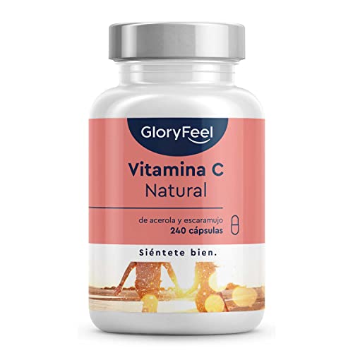 Vitamina C Natural - A base de extractos de acerola 880 mg y escaramujo 360 mg - Refuerza el sistema inmunitario y el nivel de energía - 240 Cápsulas con altas dosis de Vitamina C pura