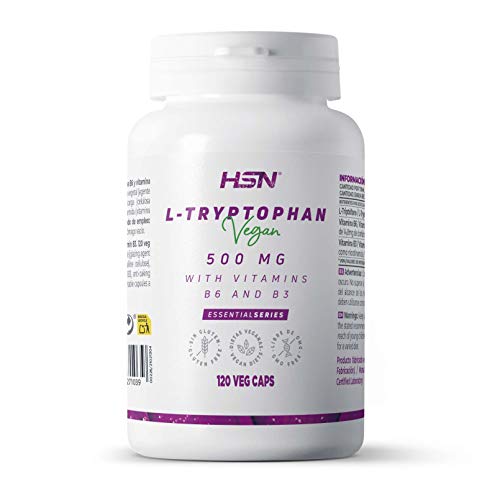 L-Triptófano 500 mg de HSN | 120 Cápsulas Vegetales | 1000 mg del Aminoácido Triptófano al Día + Vitaminas B3 & B6 | No-GMO, Vegano, Sin Gluten