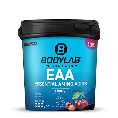 Bodylab24 EAA Essential Amino Acids Cereza 360g, 8 aminoácidos esenciales en altas dosis, todos los BCAA y EAA incluidos, vitamina B6, EAA en polvo, regeneración y construcción muscular