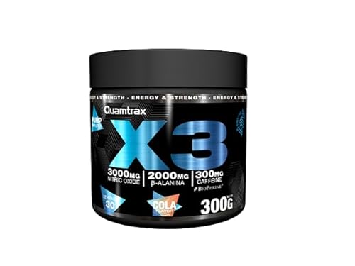 Quamtrax Nutrition - X3 Pre-entreno con sabor a Raspberry - 300 gr - Suplemento que contiene Creatina, Cafeína, Beta-Alanina y Glutamina - Se usa para dar fuerzas a tus entrenamientos (Cola)