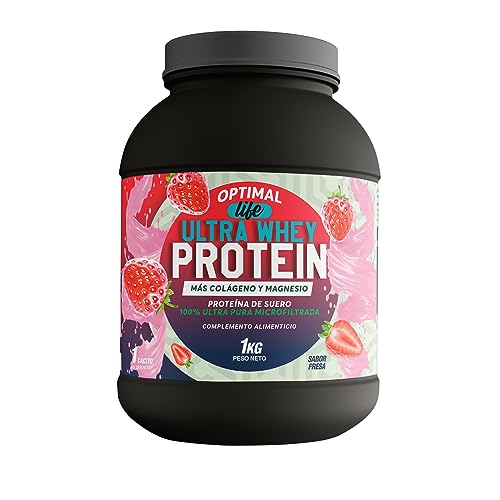 OPTIMAL LIFE ultra whey protein fresa - proteina whey pura - proteina en polvo - gana masa muscular rapido - colageno + magnesio - tonifica y mejora tus entrenamientos