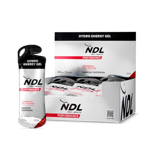 NDL Pro-Health Hydro energy gel - Gel energético deportivo con carbohidratos y sales minerales, bajo en azúcar, aporte energético inmediato, apertura fácil, sin cafeína, sabor cola, Pack 12-720g