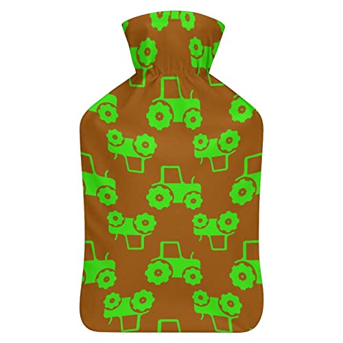 Botella de agua de goma con tractor verde sobre marrón con cubierta de felpa suave, bolsa de agua caliente para invierno, manos y pies, protección contra el frío, 1000 ml