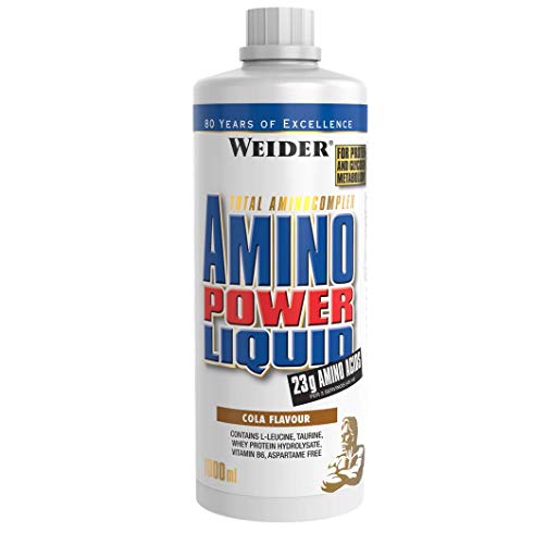 WEIDER Amino Power Liquid, Aminoácidos Líquidos Altamente Dosificados, Amino Líquido con los Aminoácidos Esenciales (EAA) y extra L-Leucina, Pre, Intra y Post Entrenamiento, Cola, 1 L
