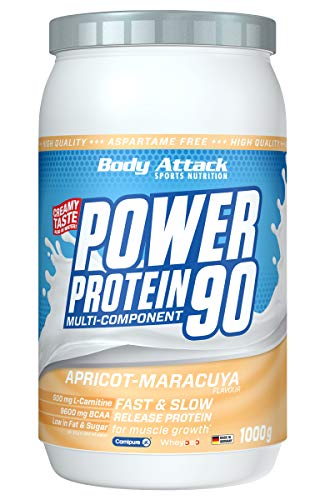 Body Attack Power Protein 90, Crema de Albaricoque-Maracuyá, 1 kg, 5 K de proteína en polvo con proteína de suero, L-carnitina y BCAA para el desarollo de los músculos y el fitness